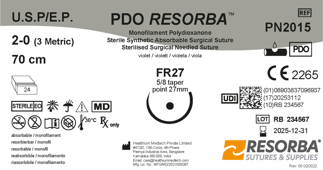 ПДО Ресорба USP2-0 фіолетовий, довжина 70см, колюча голка 27 мм, 1/2 кола